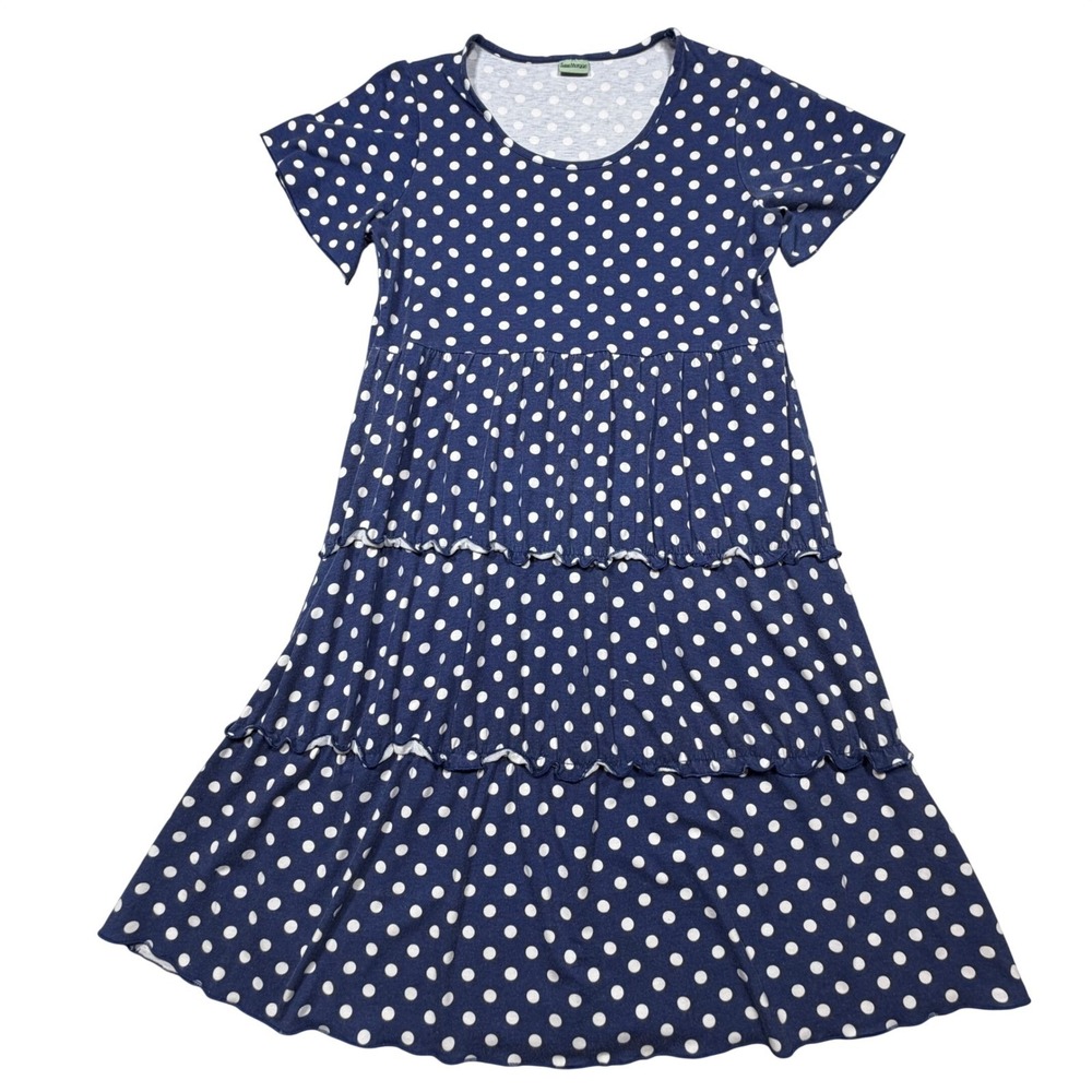 Vintage 90 Navy Blue Polka Dot Retro Cotton Tiered Midi Dress Short Sleeve Large